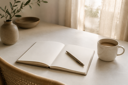 Cuaderno abierto y taza de café en un espacio sereno, como símbolo de claridad y reflexión.